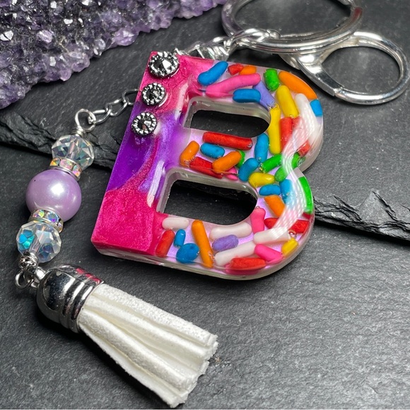 Artisan Handbags - Custom Made Pink And Purple Letter “B” Keychain with Crystal Beaded Tassel